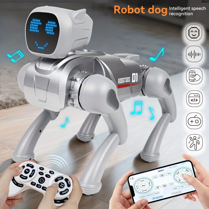 Išmanusis žaislinis robotas-šuo su programėle ir nuotoliniu valdymu, belaidis/5G ryšys, programuojamas su įrašymo funkcija, 12+ iš anksto įdiegtų komandų, išraiškingas veido atpažinimas, USB įkraunama ličio baterija maitinamas robotas augintinis berniukams ir mergaitėms – Ide