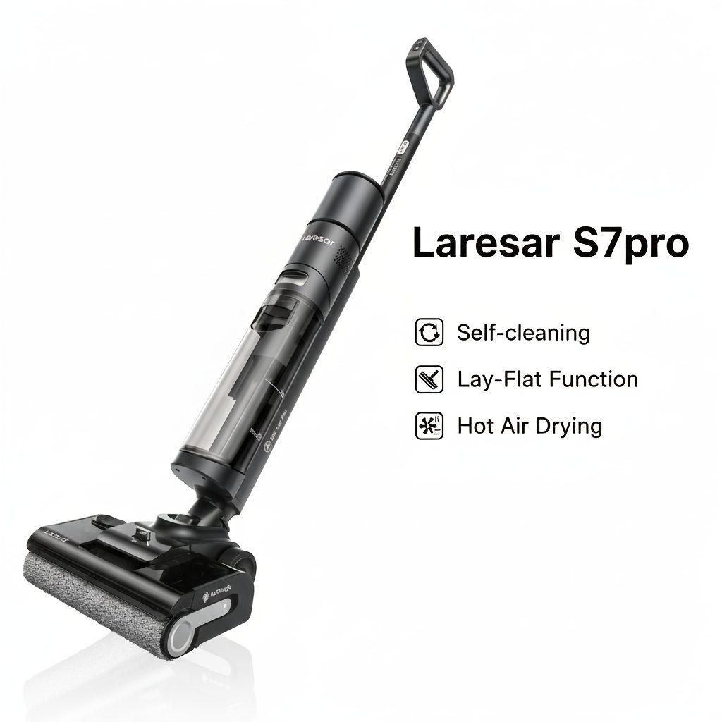 „Laresar“ belaidis šlapio ir sauso valymo dulkių siurblys, „S7 PRO“ savaime išsivalantis dulkių siurblys-šluostytuvas, 80° karšto oro džiovinimas, 180° pasukamas dulkių siurblys-šluostytuvas, kraštų valymo dizainas, 50 min, 18Kpa siurbimo galios grindų valymo mašina, apsauga nuo susivėlimo, lengvas dulkių siurblys-šluostytuvas namams