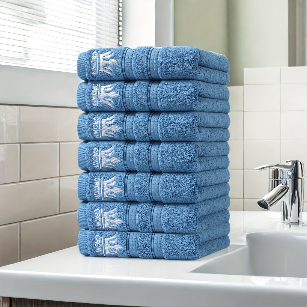 7 vnt. didelių rankšluosčių rinkinys su karūnos siuvinėjimu (15,7 x 31,5 colių / 40 x 80 cm) – vienos spalvos, iš medvilnės pagaminti, storinti rankšluosčiai, tinkami vonios kambariui, sporto salėms, viešbučiams; įvairių spalvų pasirinkimas (tinka Japonijai, Korėjai, Europai, balinti rankšluosčiai)