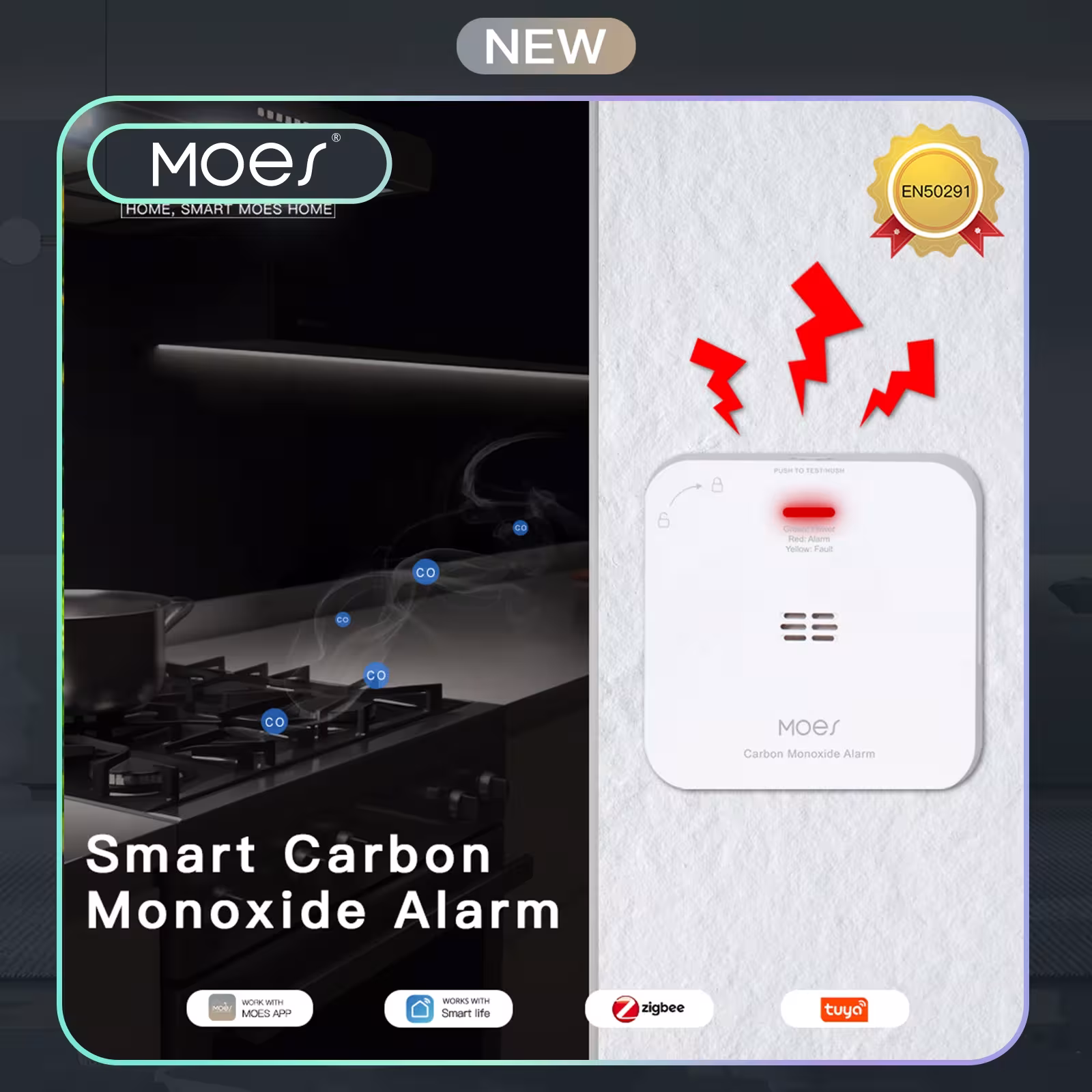 MOES ZigBee CO detektorius Tuya išmani anglies monoksido dujų nutekėjimo alarmo sistema