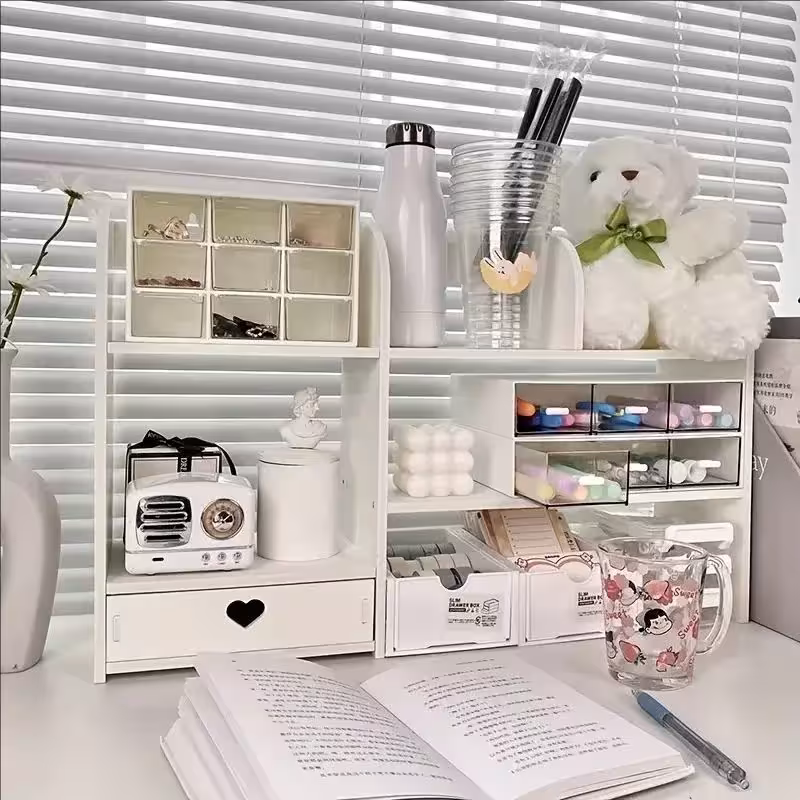 Double office desk organizer with shelves for school supplies