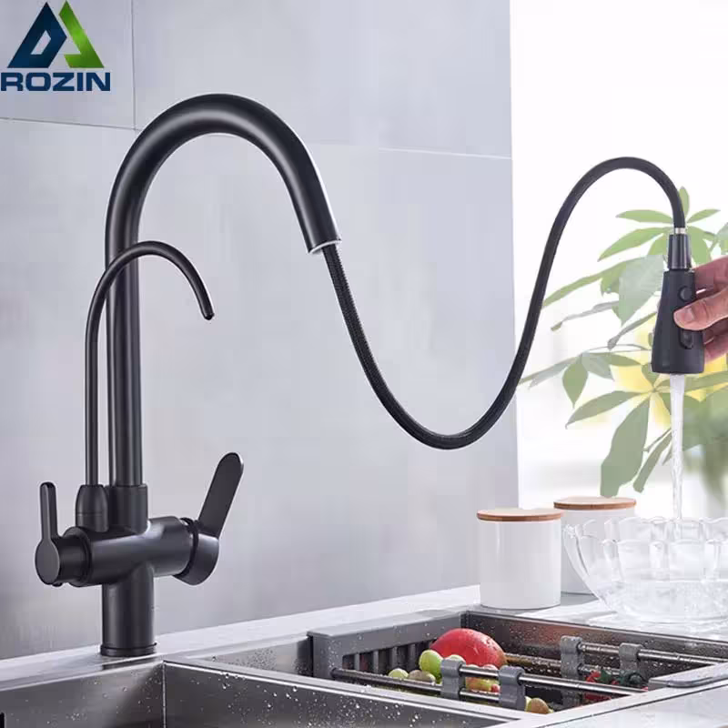 Rubinetto da cucina Rozin Purification nero con filtro acqua estraibile a 3 vie