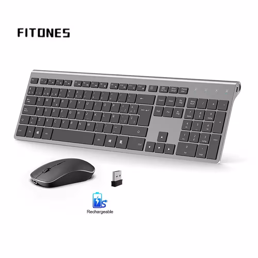 Clavier et souris sans fil gris avec disposition espagnole et batterie rechargeable