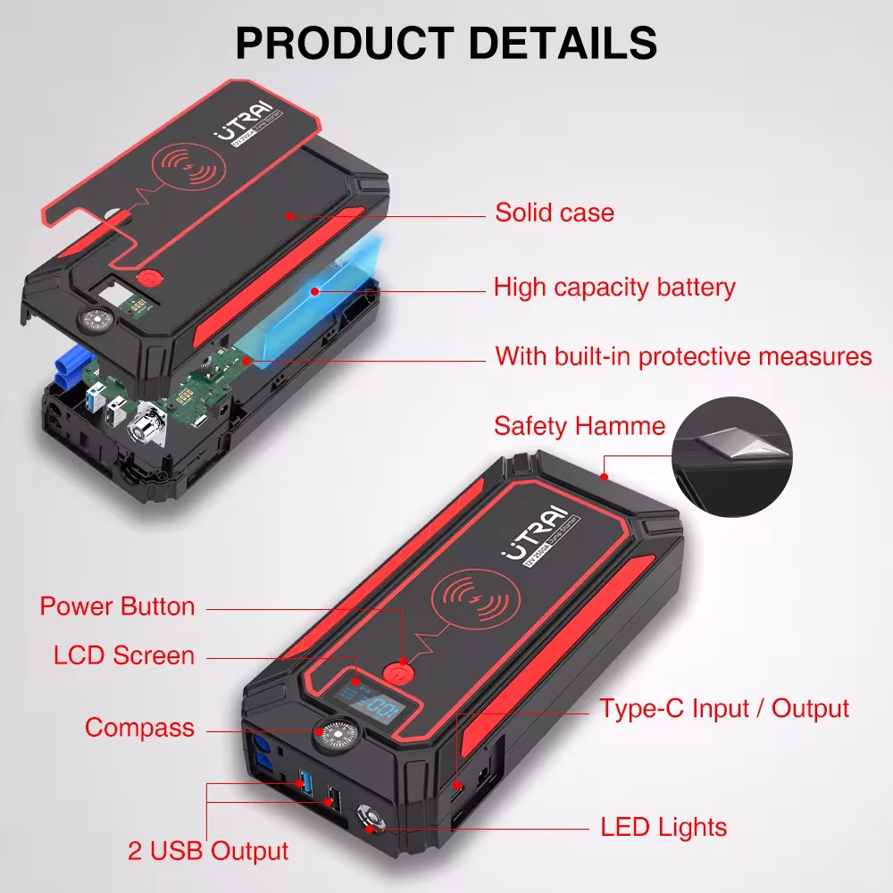 UTRAI car starter 2500A with a wireless conscience and a safety hammer