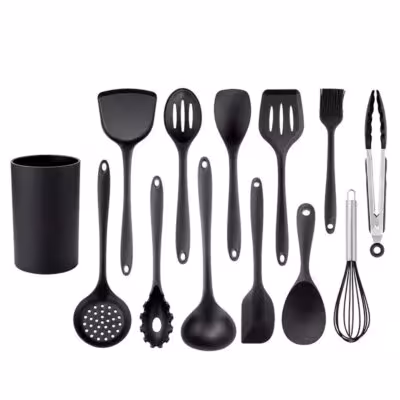 Black silicone kitchen tool set with non-adhesive surface coating