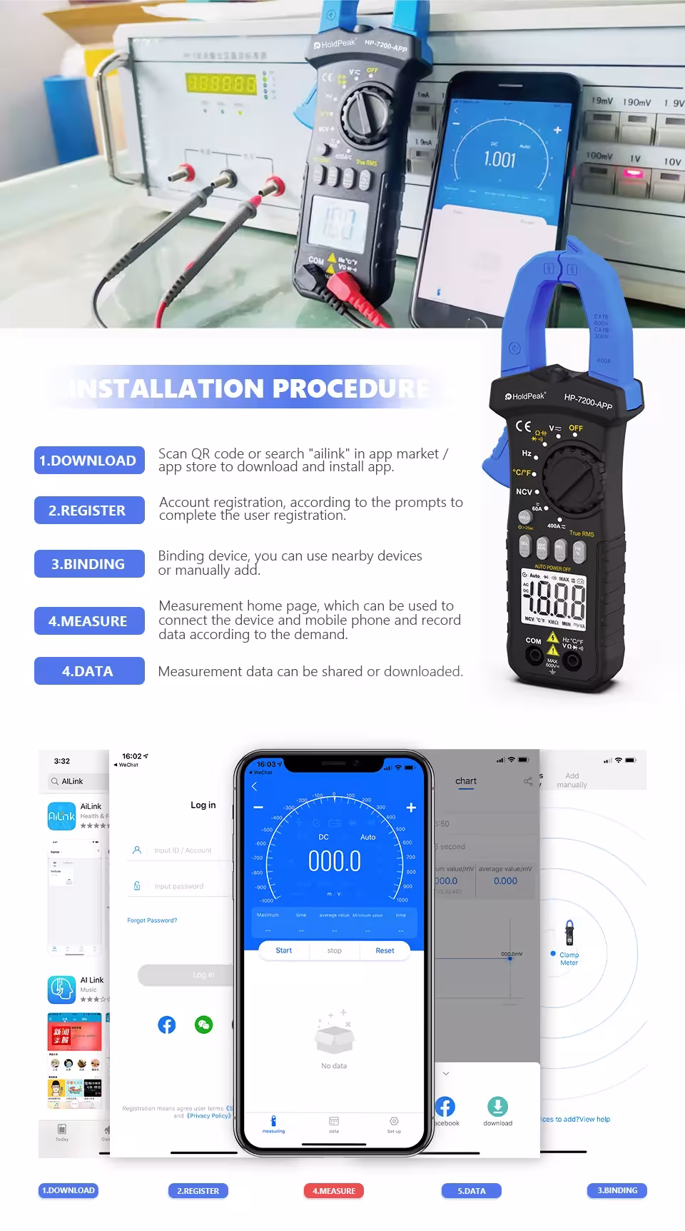 voltamperímetro inalámbrico de clip Bluetooth