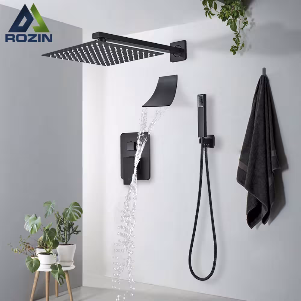 Black bathroom shower system with rain head and concealed box