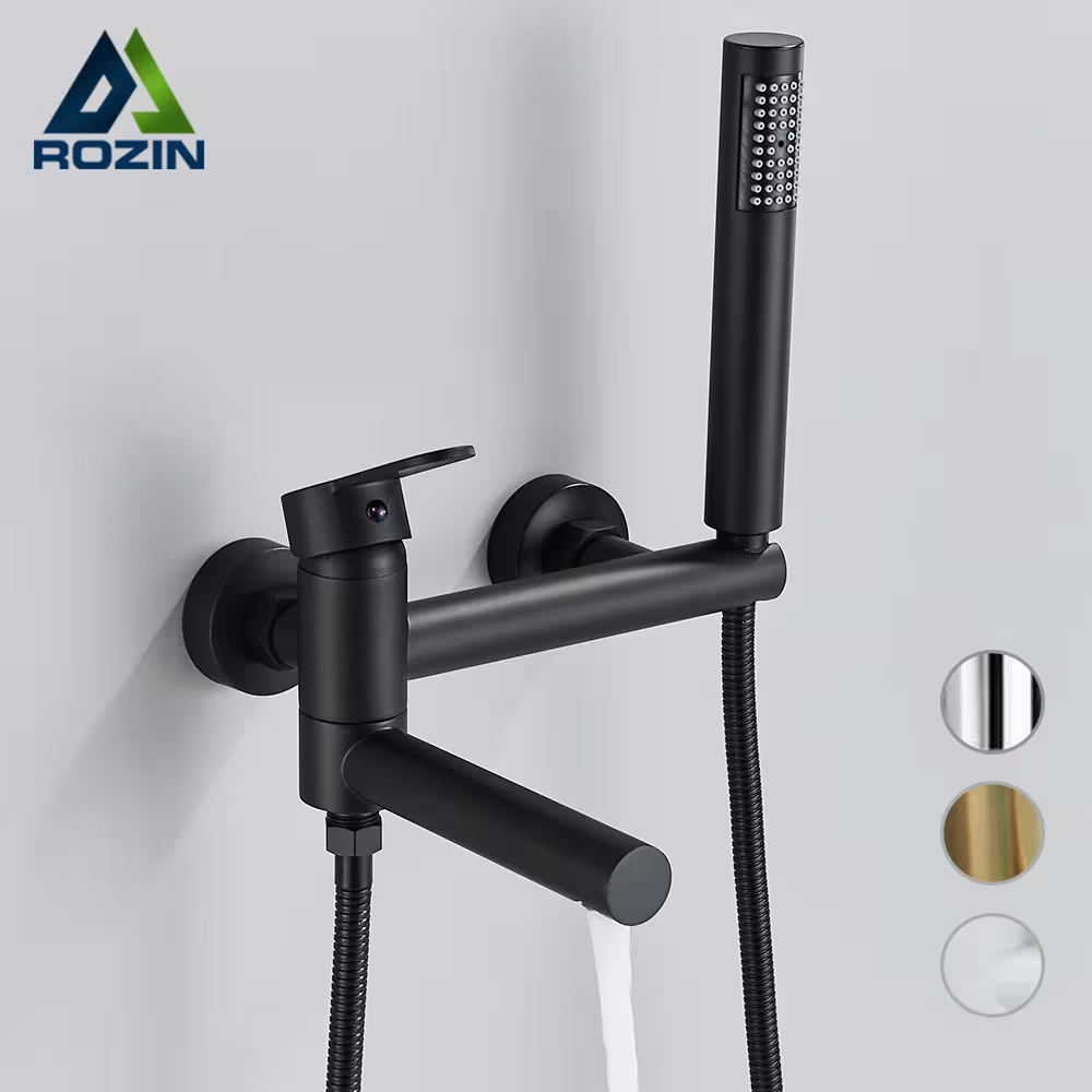 Sistema de ducha de baño Rozin negro con boquillas giratorias, juego de mezclador de pared de latón brillante