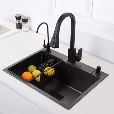 Lavello da cucina nero in acciaio inox 304, a vasca singola, da installare sopra o sotto.