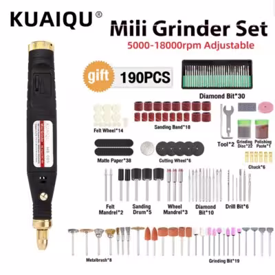 KUAIQU Mini elektrische Bohr- und Schleifmaschine 5000-18000 U/min mit 190 Aufsätzen