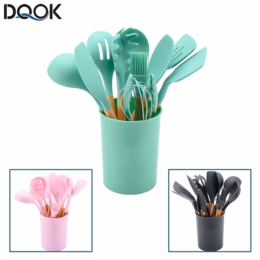Silicon kitchen tool set with wooden handles - 7 pieces