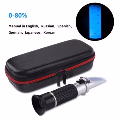 Medidor de concentración de alcohol con refractómetro y compensación ATC de 0-80%.