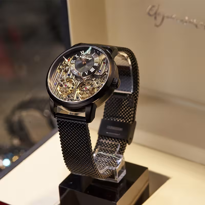 Automatic mechanical men's watch with double tourbillons and leather strap