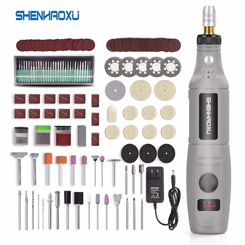 Compact cordless drill with engraving function, 15000 RPM speed, three speed modes, and a set of 25 accessories.