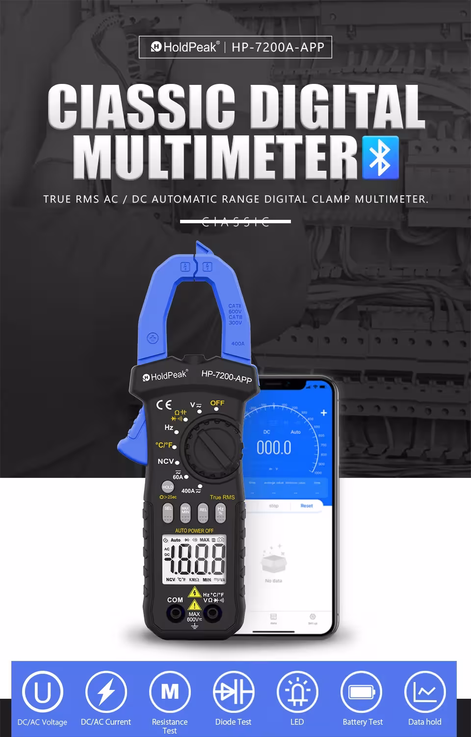 voltamperímetro inalámbrico de clip Bluetooth