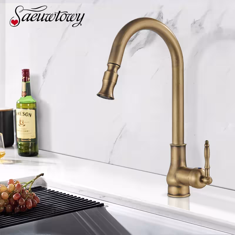 Antique Brass Kitchen Faucet with Pull Out Spout 360 Degree Rotation