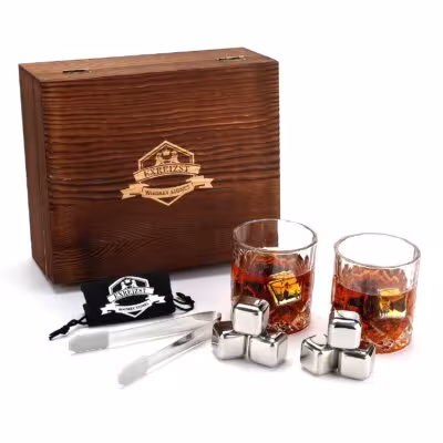 Set di pietre e vetro Whisky con gelato in acciaio inossidabile in scatola di legno