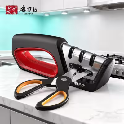 Four-function professional knife and scissor sharpener with ergonomic sliding handle for the kitchen