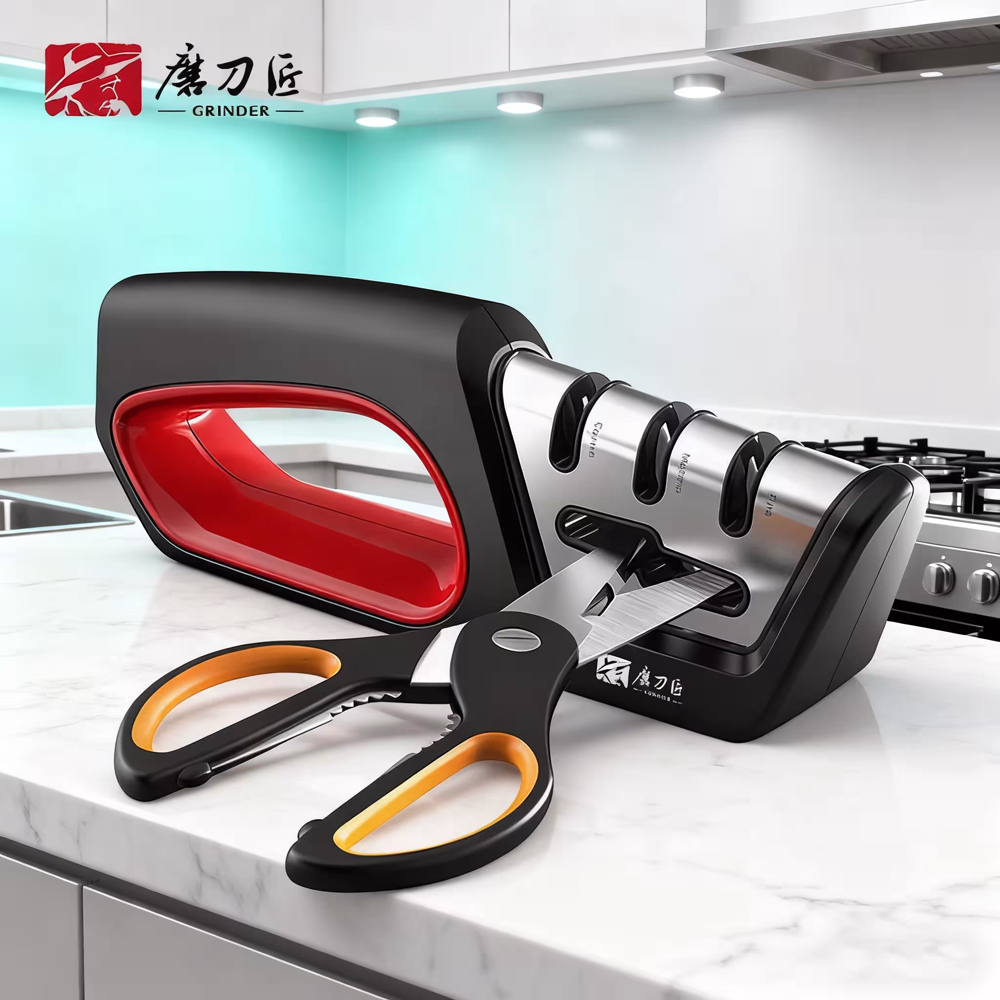 Four-function professional knife and scissor sharpener with ergonomic sliding handle for the kitchen