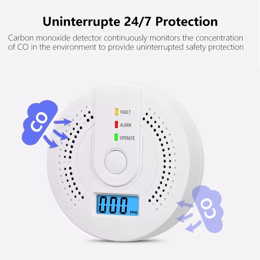 Carbon monoxide detector sensor with LCD display and sound signal