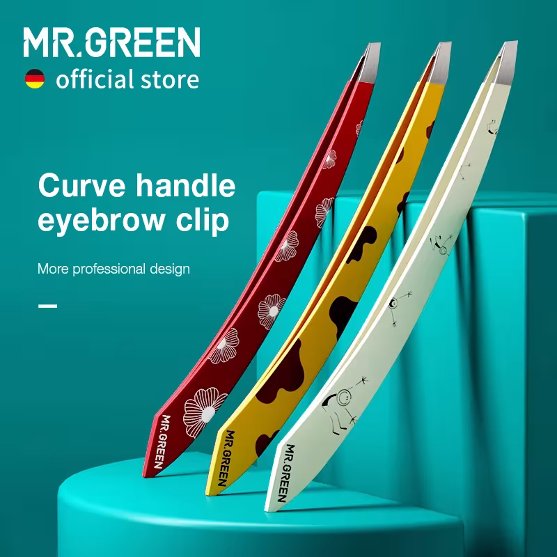 MR.GREEN Curve Handle profesionalios antakių pincetės ploniem plaukams nerūdijančio plieno