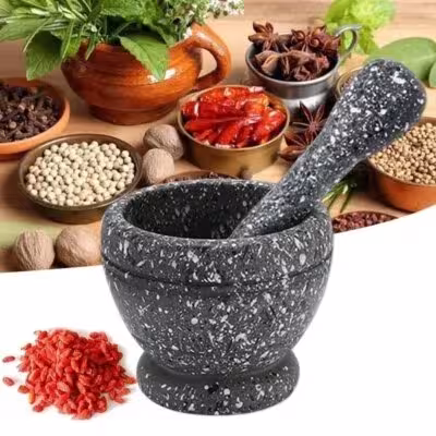 Herb and garlic mortar and pestle set for kitchen