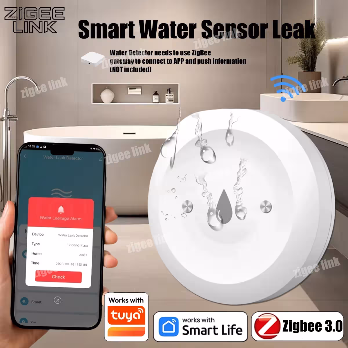 Smart water leak sensor Tuya ZigBee 3.0 with app