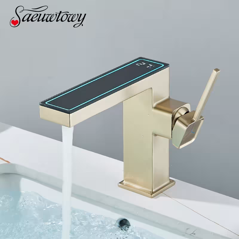 Digital bathroom faucet display with temperature control and single handle