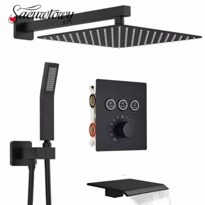 Luxury Thermostatic Bathroom Shower Faucet with Rainfall Head and Swivel Tub