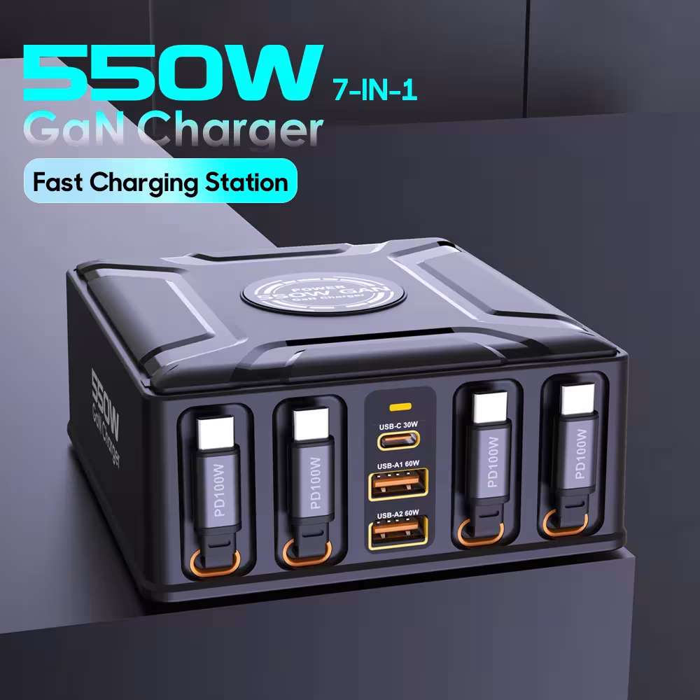 Station de charge 550W 7-en-1 avec câble USB C rétractable 100W pour charge rapide GaN