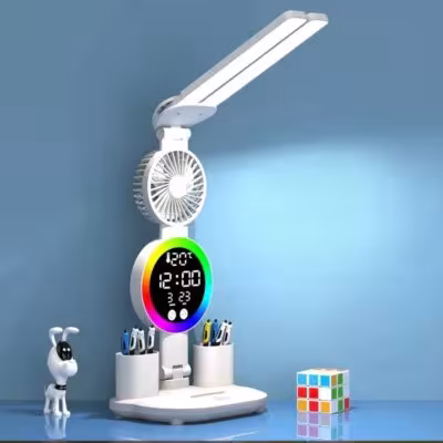 LED desk lamp with fan and clock display for reading USB
