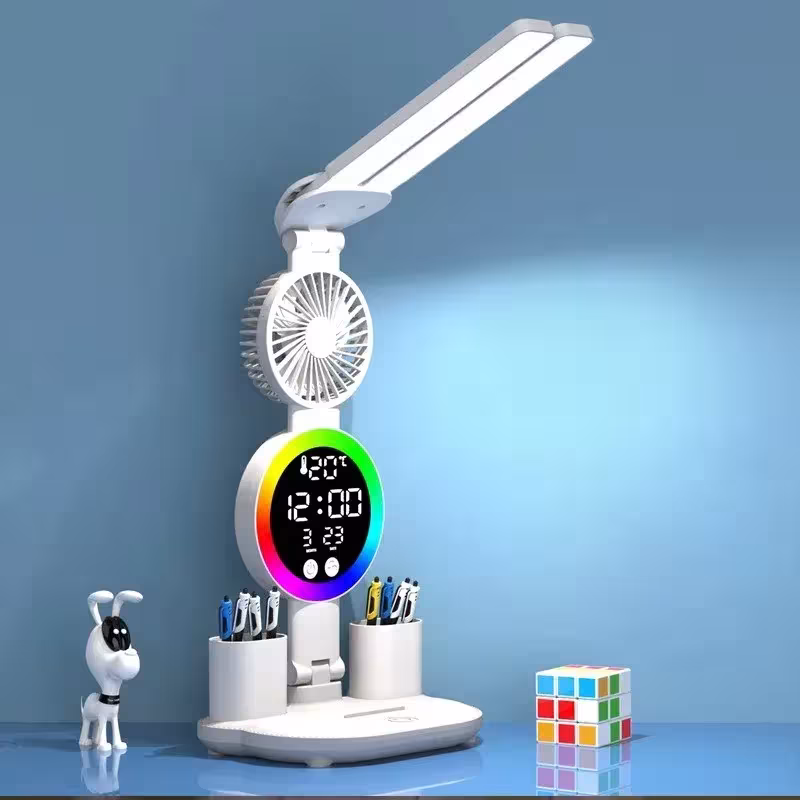 LED desk lamp with fan and clock display for reading USB