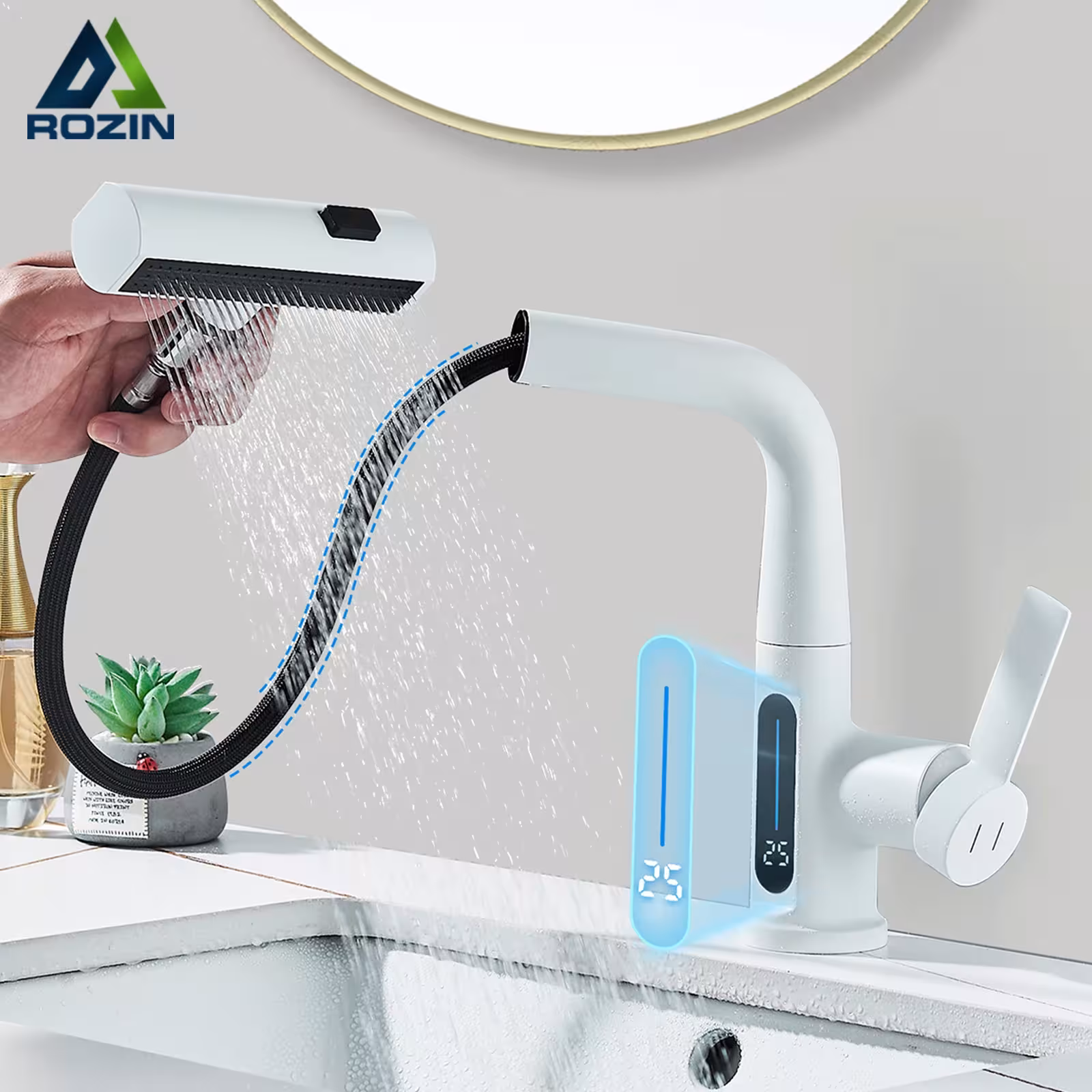 Digital display bathroom faucet with pull-out spout 3 modes