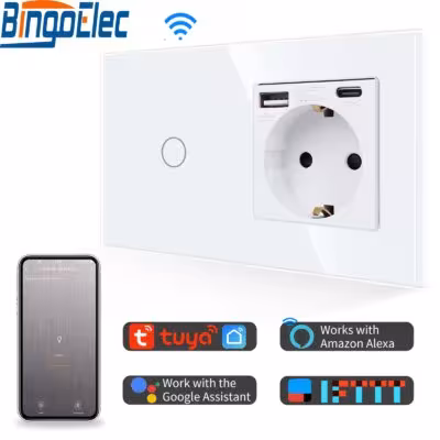 EU WiFi Smart Switch z gniazdem USB i Type-C 16A szkło kryształowe