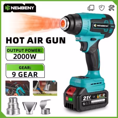 NEWBENY Pistolet à air chaud sans fil 500℃ avec 9 vitesses et écran LED