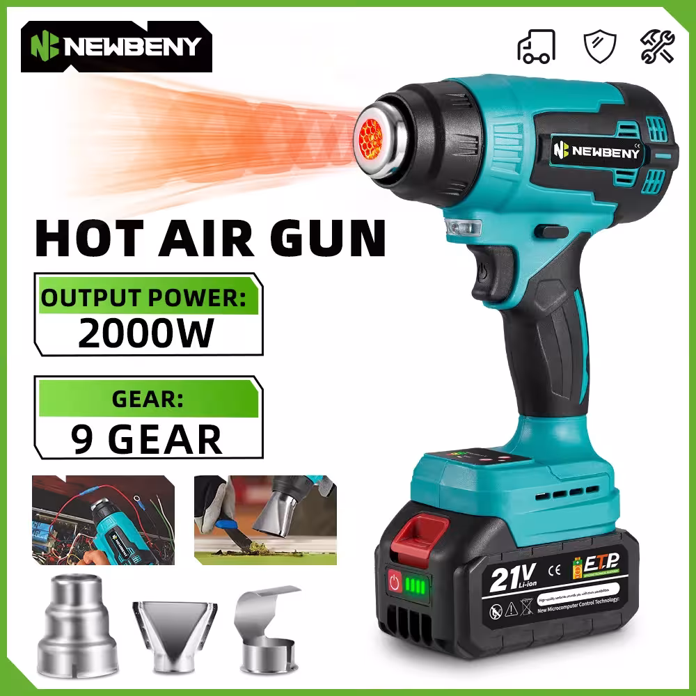 NEWBENY Pistolet à air chaud sans fil 500℃ avec 9 vitesses et écran LED