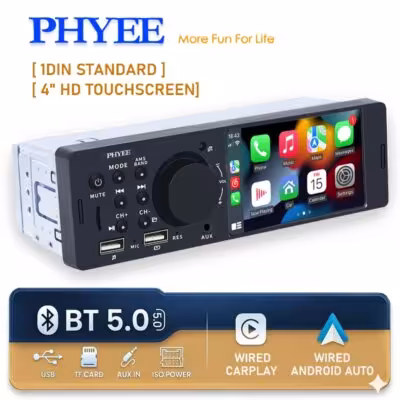 Radio de coche 1 DIN de 4 pulgadas con CarPlay, Bluetooth, Android Auto y MP5