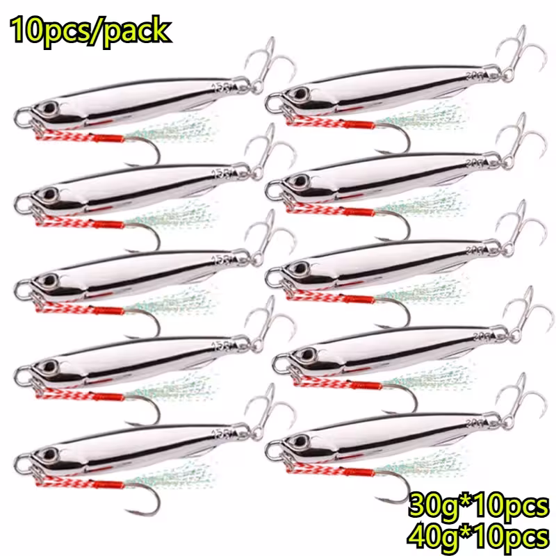10 leurres de pêche métalliques 30g 40g couleur argent pour la pêche en mer