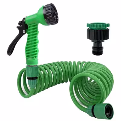 Tubo per irrigazione da giardino con testina a 7 funzioni e tubo a molla