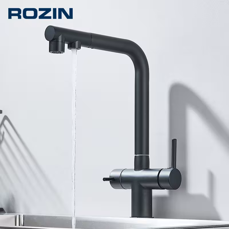 Rozin kitchen water filter tap black pull-out flexible heating cooling 2 in 1