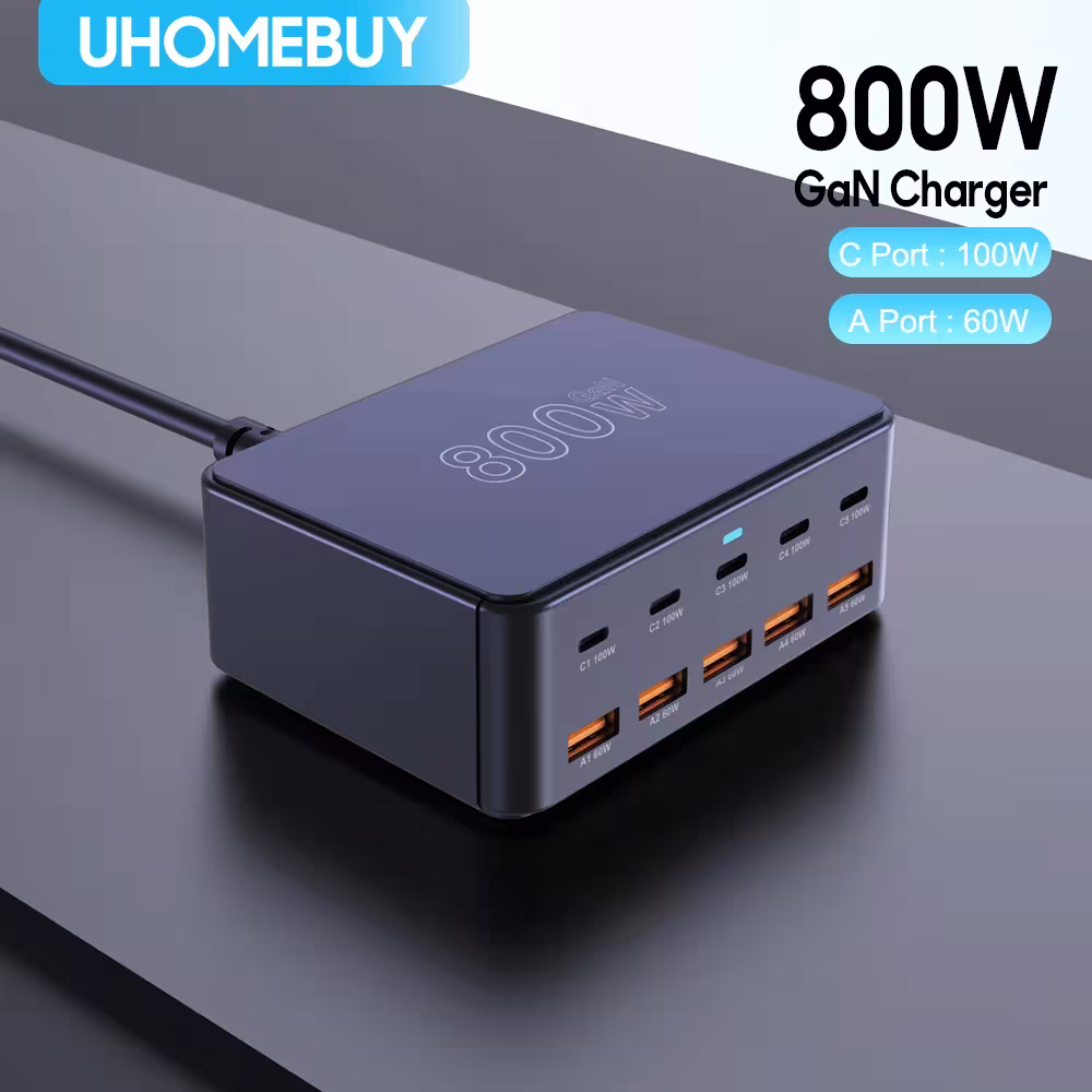 Cargador rápido USB C GaN de 800W, 100W PD3.0 con cinco puertos