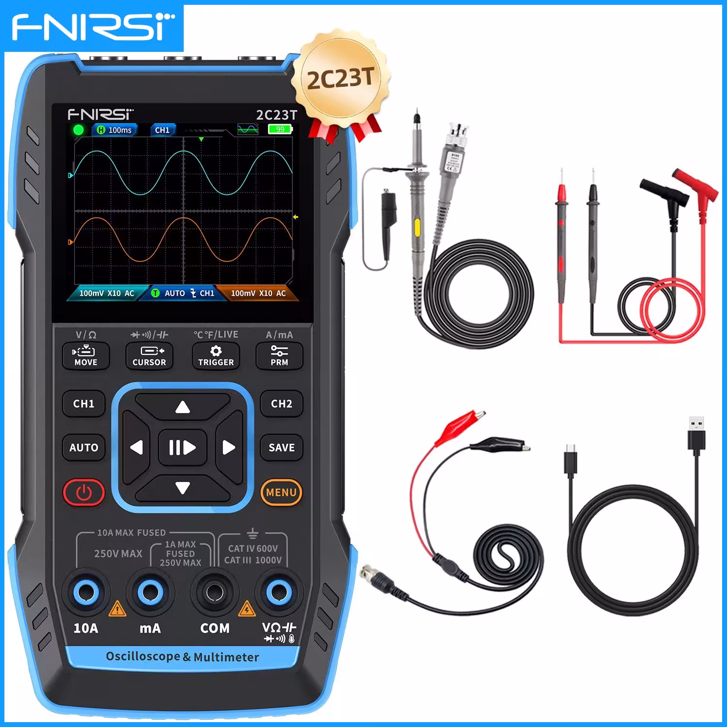 FNIRSI 2C23T 3IN1 Dual Channel Digital Oscilloscope Multimeter Signal Generator 10MHz