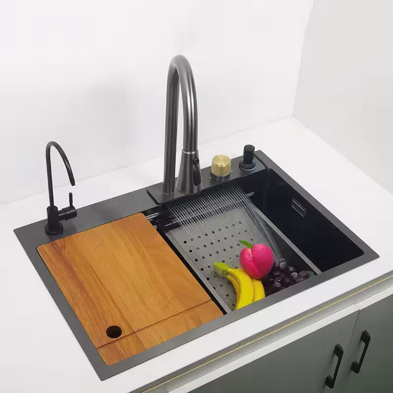 Waterfall kitchen sink Single Bowl gray nanoTech 304 stainless steel