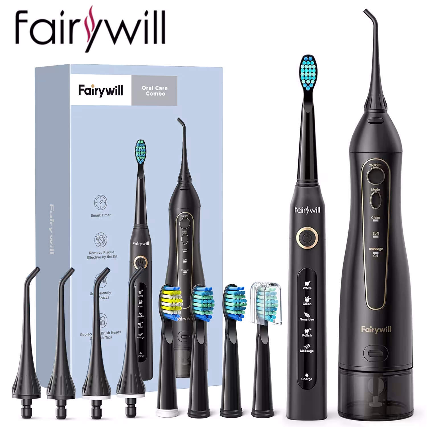 Brosse à dents électrique à ultrasons Fairywill et fil à eau Charge USB 5 modes