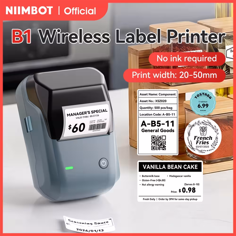 NIIMBOT B1 portable thermal printer with adhesive 50mm label rolls