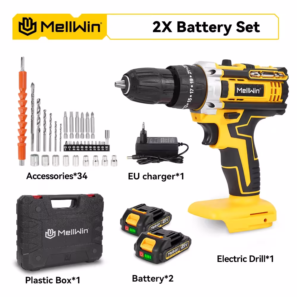 MELLWIN 25+3 Torque Cordless Electric Impact Drill with Screwdriver Function, 21V, 45 Nm