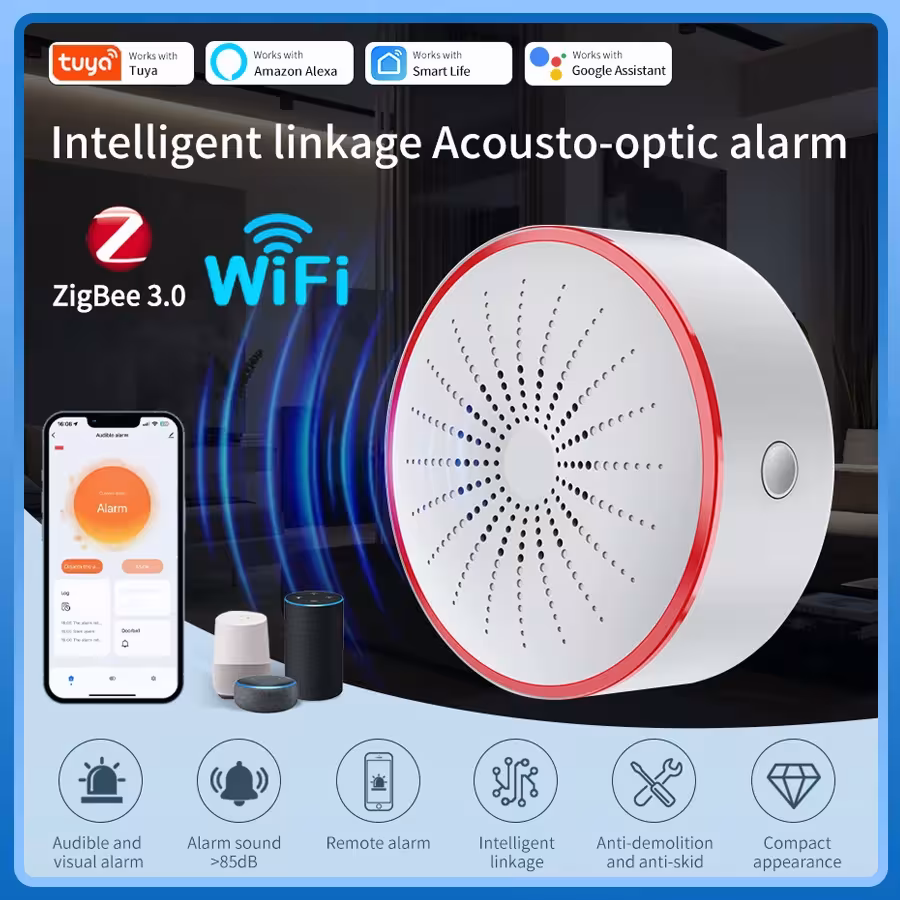 Tuya WiFi Zigbee išmanus sirena namų saugumui su garso ir šviesos aliarmą