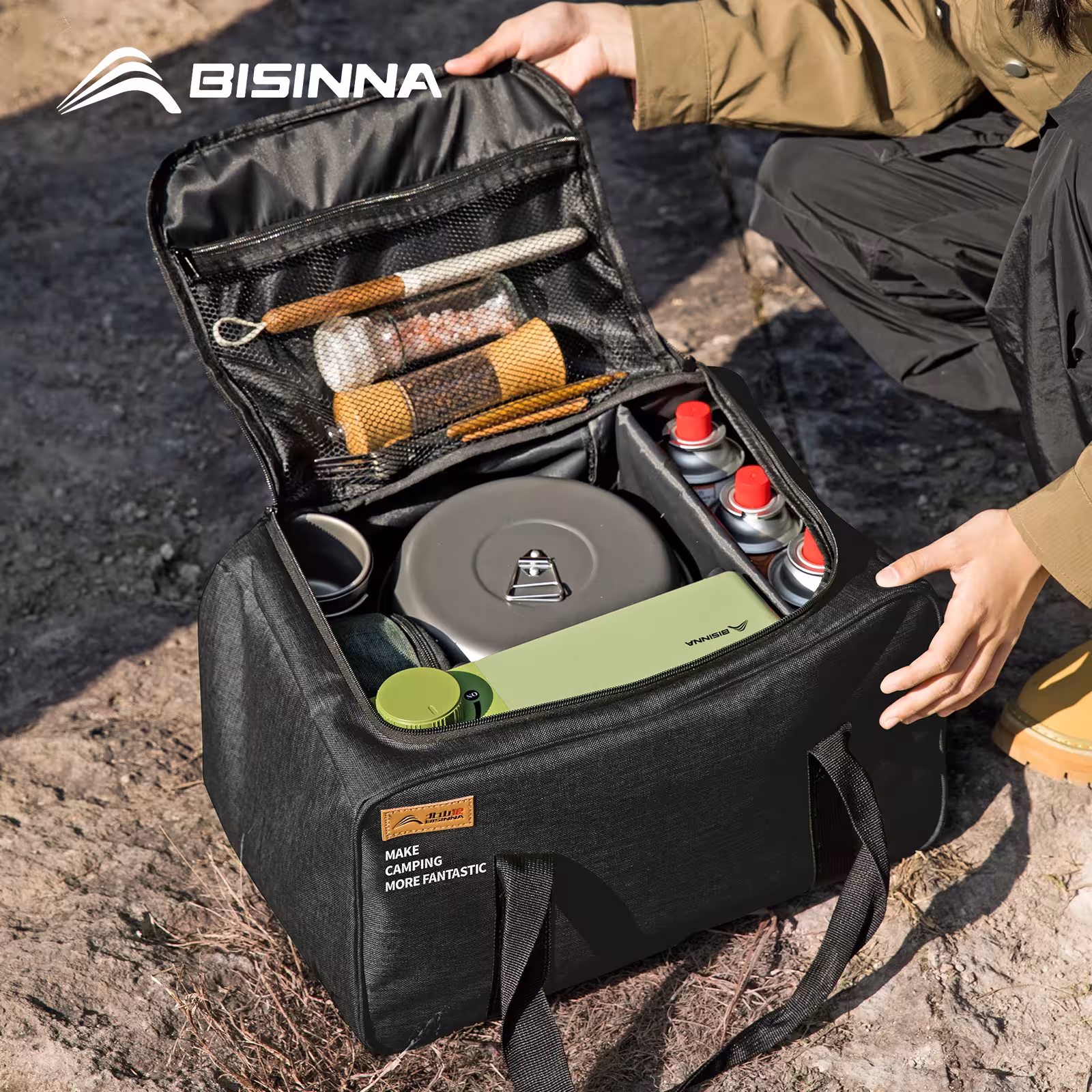Boîte pliante BISINNA pour camping et activités de plein air, capacité de 26L/30L/42L pour bouteilles de gaz et ustensiles de cuisine.