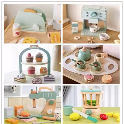 Cuisine de jeu pour enfants en bois avec machine à café, micro et jouets de crème glacée