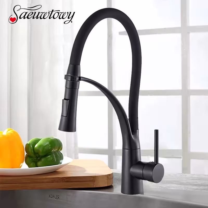 Grifo de cocina cromado con manguera negra
